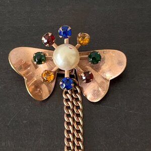Vintage Copper Jeweled Butterfly Brooch // Long Chain Tail
